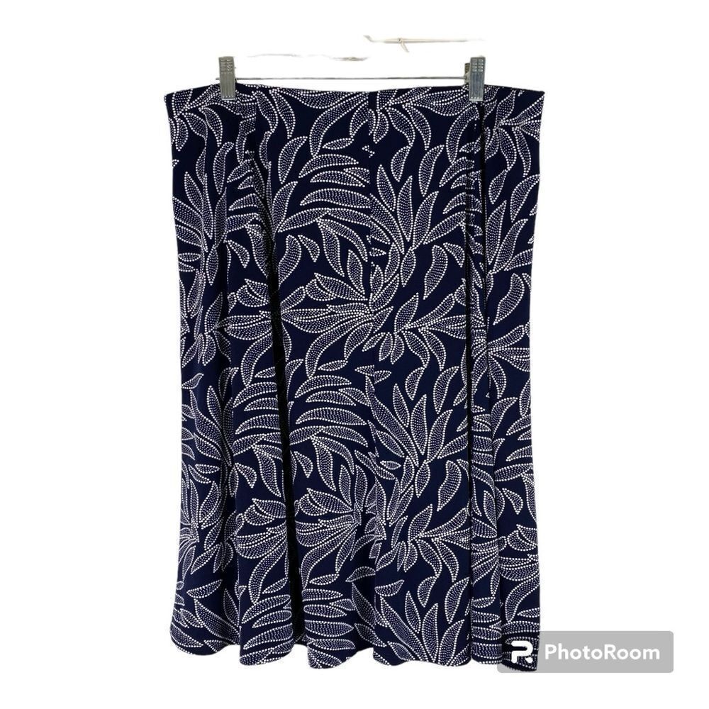 Roz & Ali Blue White Leaf Dot Textured Print Pull On Stretch A-line Skirt 1X